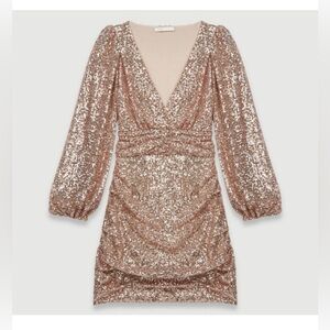 Maje Ripaillette Sparkly Rose Gold Sequins Mini V-neck Dress Size Small Party